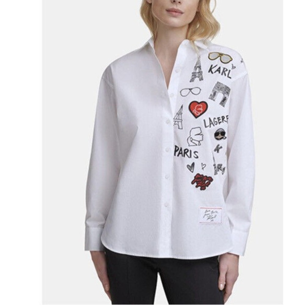 KARL LAGERFELD PARIS Women White Paris Logo Shirt Size XL NWT 89.50$ - Picture 3 of 3